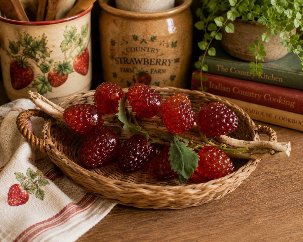 Vintage Faux Strawberry Branch 12 Red Acrylic Berries Rustic Cottage Decor